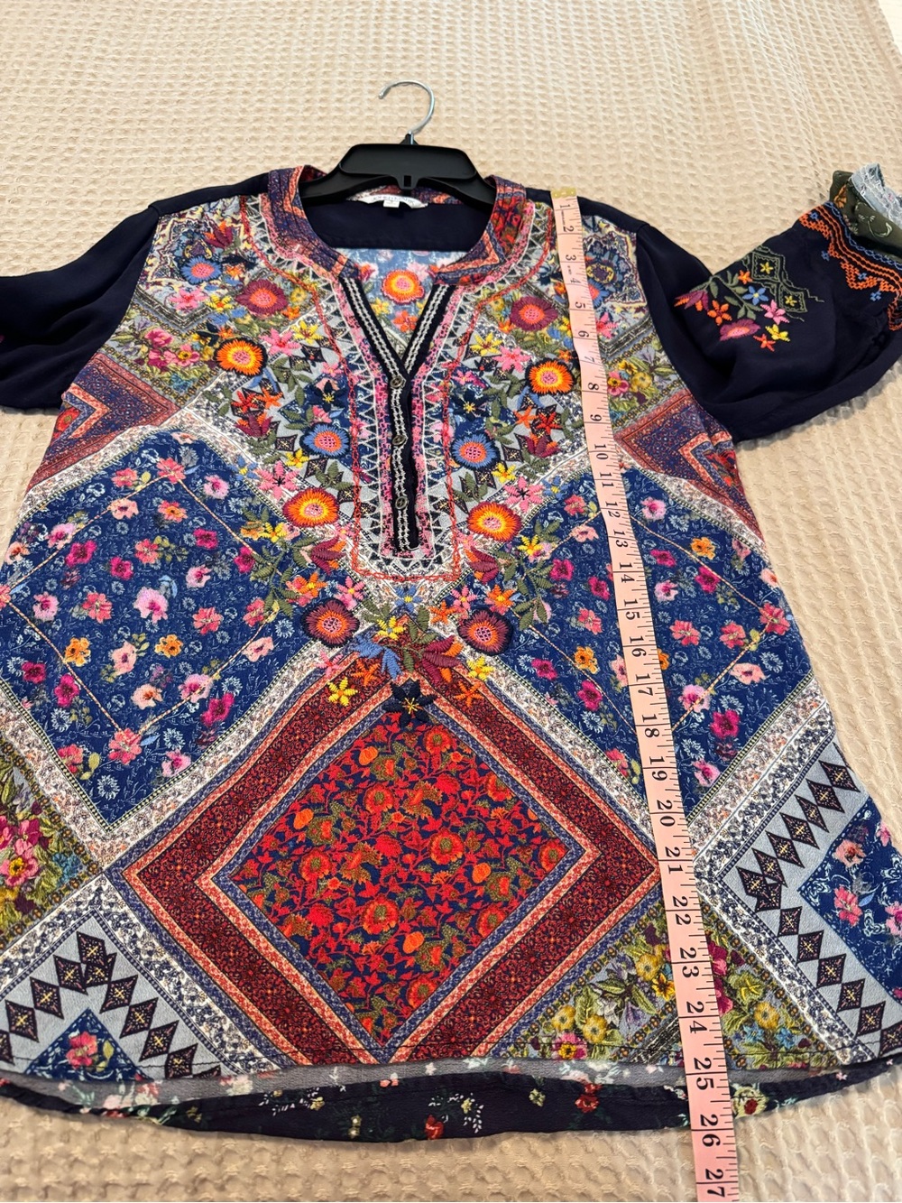 John Mark Embroidered Boho Floral Patchwork 3/4 Sleeve Blouse Tunic Top Size S - Picture 5 of 13
